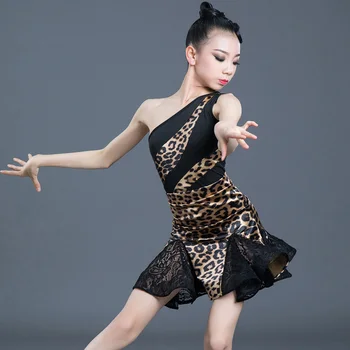 1 adet / grup çocuk seksi bir omuz leopar latin elbise kız performans chacha dans dresss