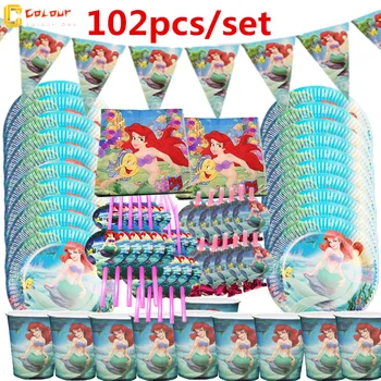 1 takım 20 kişi mutlu doğum günü Denizkızı Ariel kız bebek duş parti dekorasyon afiş masa örtüsü payet bardak tabak tedarikçisi