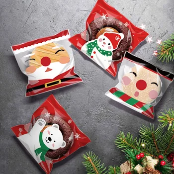 100 adet noel hediyesi Çanta Kendinden Yapışkanlı Kurabiye Şeker Sarma Çantası Yeni Yıl Partisi Hediye Aperatif Pişirme plastik torba Navidad 2022