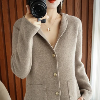 100 % Merinos Yünü Ceket kadın Takım Elbise Yaka Kazak Hırka Sonbahar ve Kış Yeni Kalınlaşmış Üst Rahat Örgü Moda Kadın Ceket