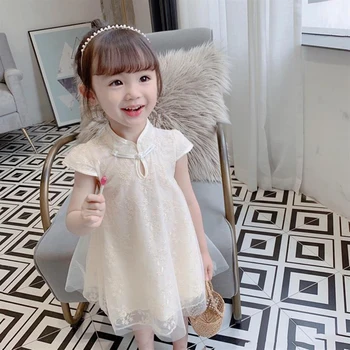 2021 Yaz Çocuk Elbise Kız İçin Çin Tarzı Bebek Kız Prenses Elbise Yürümeye Başlayan Çocuk Giysileri Disk Toka Cheongsam Elbise