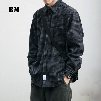 2021 Yüksek Kaliteli Kalın Yün Gömlek Erkek Giyim Japon Streetwear Yaka Uzun Kollu Rahat Ekose Üst Harajuku Mont Erkek