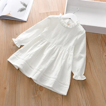 2022 İlkbahar Sonbahar Uzun Kollu Çocuk Giysileri Kız Elbise Çocuk Elbise Beyaz Basit rahat elbise 2-6 Yıl
