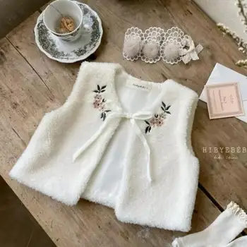 2022 Kış Yeni Moda Bebek Kız Kalın Sıcak Yelek Sevimli Çiçek Nakış Kız Prenses Kolsuz Yelek Ceket Bebek Kız Giysileri