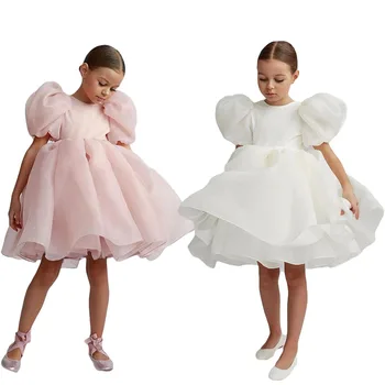 2022 Yaz Kız Prenses Vintage Elbise Tül Çocuk Puf Kollu Pembe Beyaz Düğün Parti Kıyafeti Doğum Günü Tutu Elbise Vestido