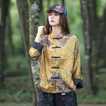 2022 Yeni Etnik Tarzı Kadın Standı Yaka Düğmesi Baskı Jakarlı Saten Gömlek Retro Çin Tarzı Tang Takım Elbise Üst