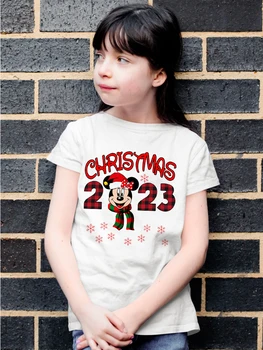 2023 Noel Yeni T Shirt Disney Karikatür Mickey Mouse Baskı Üst Açık Trend Kısa Kollu Mutlu Yeni Yıl Çocuk Giysileri