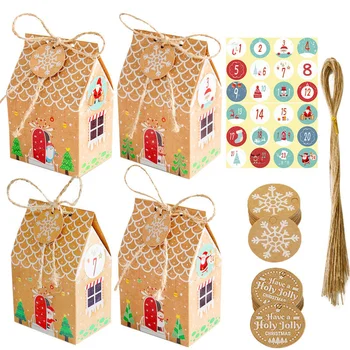 24set Noel Ev Şekli Şeker Torbaları Kağıt Etiketi ile 1-24 Advent Takvimi Sticker Noel Baba Çantası noel dekorasyonları 2021 Yeni