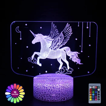 3D Gece Lambası Unicorn Şekil Renkli LED ışıkları Çocuklar İçin Çocuk yatak odası dekoru Dokunmatik Uzaktan Kumanda Gece Lambası Tatil Hediye