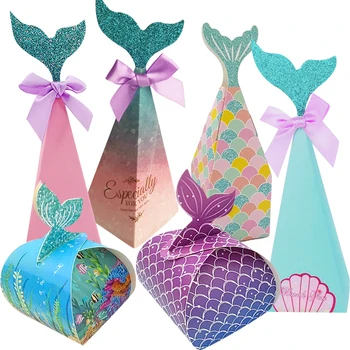 5 ADET Denizkızı Kuyruğu Şeker Kağıt Kutuları Kurabiye Ambalaj Kutuları Çocuklar için Doğum Günü Partisi Dekorasyon Düğün şeker kutusu Malzemeleri