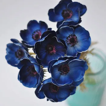 7 adet Mavi Anemon Doğal Gerçek Dokunmatik Çiçekler Tek Kök İpek Düğün Gelin Buketleri Centerpieces, kek Dekoratif Çiçekler