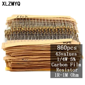 860 adet Karbon film rezistans Kiti 1 / 4W 5 % Dirençler Çeşitli Kiti Seti 1R - 1M Ohm 0.25 W Direnç 47R 100R 220R 1K 10K 4K7 100K 560K