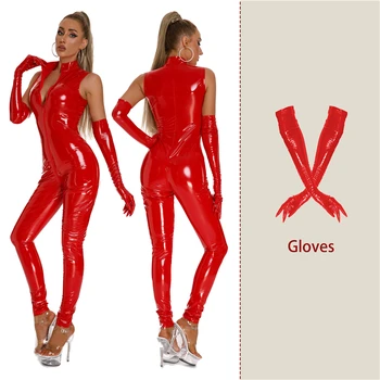 AIIOU Seksi Kadınlar Patent Deri Catsuit Lateks Tulumlar Wetlook Leotard Bodysuit Erotik Metresi Kostümleri Açık Kasık Clubwear