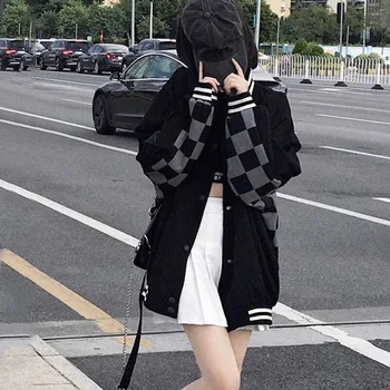 Amerikan retro dama tahtası ceket kadın bahar sonbahar yeni Hip Hop Harajuku gevşek beyzbol ceket Streetwear moda Ceketler