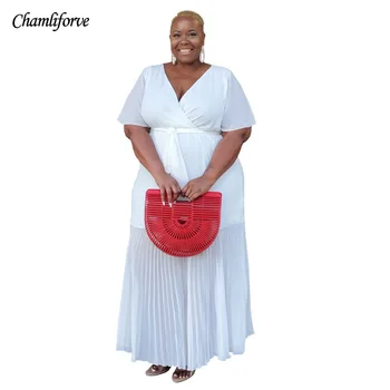 Artı Boyutu Giyim Kadınlar için 2021 Afrika Kadın V Yaka Kısa Kollu Beyaz uzun elbise Kadınlar için Afrika Elbiseler Afrika Giysi