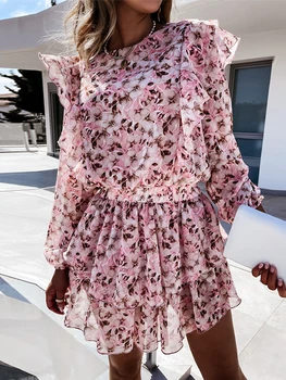 Bahar Çiçek Baskı Ruffles Elbise Kadınlar Casual Çiçek Uzun Kollu Bir Çizgi Elbiseler Kadın Kısa Parti Vestidos 2022 Tasfiye Satışı