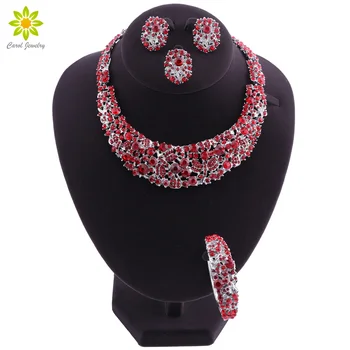  Bayan mücevher setleri Gümüş Kaplama dubai mücevher setleri Nijeryalı Düğün Seti Gelin Kırmızı Kristal Türk Takı