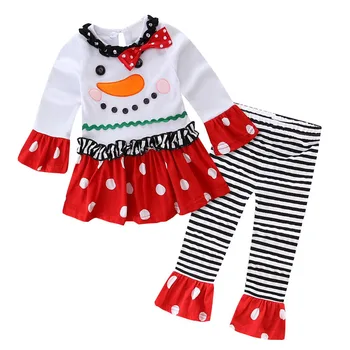 Bebek Kız Kırmızı Noel Giysileri Set Tam Flare Karikatür Kardan Adam Geyik T-shirt + Pantolon Kostüm Küçük Kız için Yeni Yıl Giyim 1-5Y