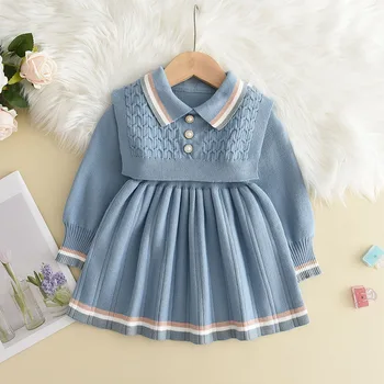 Bebek Kış Kız Örgü Yün Puf Uzun Kollu Elbise Yelek Sonbahar Parti Kız Hediye Bebek Fırfır Örme Prenses Kazak Elbiseler