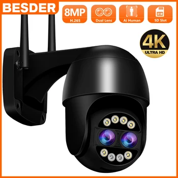 BESDER 8MP 4K IP Kamera WiFi Güvenlik CCTV Çift Lens Renkli Gece Görüş 4MP 2K 8X Dijital Zoom ıCSee Açık Gözetim Kamera