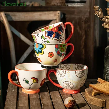 Büyük El-boyalı Seramik Kupa 450 ml Kahve Fincanı Coffeeware Kahvaltı Fincan Süt Çay kulplu fincan Yaratıcı İskandinav Kahve Kupa