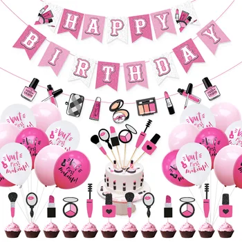 CHEEREVEAL Pembe Balonlar Set Kek Toppers Mutlu Doğum Günü Afiş Kızlar için Makyaj Tema Doğum Günü Partisi Süslemeleri Malzemeleri
