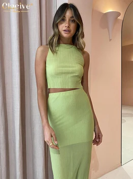 Clacive Seksi Yeşil Pilili Kadın Etek Takım Elbise Yaz Kolsuz Kırpma Üst Yüksek Belli Etek Seti Bodycon Takım Elbise Etek