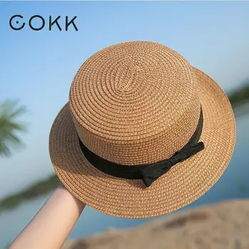 COKK Panama Şapka Basit Yaz plaj şapkası Kadın Rahat Bayan Kadın Düz Ağız Ilmek hasır şapka Kızlar güneş şapkası Chapéu Feminino