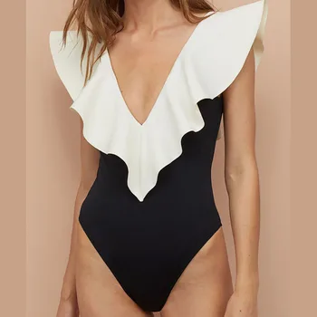 Colorblock Ruffled Tek Parça Moda Mayo kadın Yaz Yüzme Takım Elbise 2022 Lüks Monokini Seksi Yaz Plaj Katı