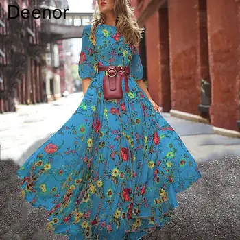 Deenor Şifon Baskılı Uzun Etek Bohemian tatil elbisesi Yeni Yıl 2022 için Bayan Zarif Parti Elbiseler