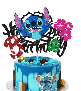 Disney Lilo ve Stitch Çift taraflı Glitter Kek Topper Mutlu Doğum Günü Pastası Dekorasyon Çocuklar için Doğum Günü Partisi Bebek Duş Kek Bayrağı