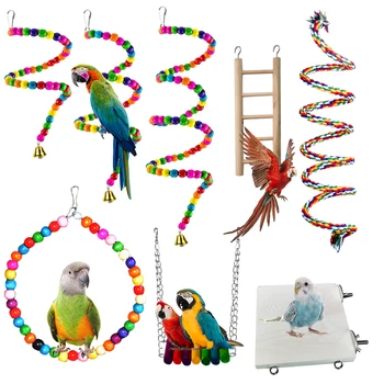Doğal Ahşap Papağanlar Salıncak Oyuncak Kuşlar Parakeet Levrek Asılı Salıncaklar Kafes renkli boncuklar Bells Oyuncaklar Papağan Kafesi Dekorasyon