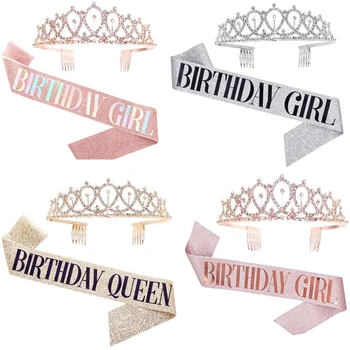 Doğum günü Kız Kanat Rhinestone Tiara Kiti Gül Altın Doğum Günü Hediyeleri Glitter Doğum Günü Kanat Doğum Günü Partisi Iyilik Gül Altın Balon