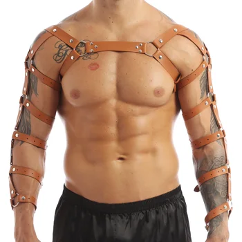 Erkek Moda Clubwear Suni Deri Vücut Göğüs Kas Demeti Seksi Erkek Vücut Kafesi Erotik Tankları Punk Omuz Zırh Kol Askısı