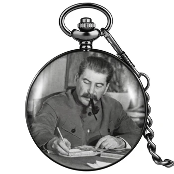 Erkek Siyah Ve Beyaz Stalin Desen cep saati Beyaz Kadran Pürüzsüz Kapak Kuvars Kalın Zincir Kolye Mini Saat Dekorasyon
