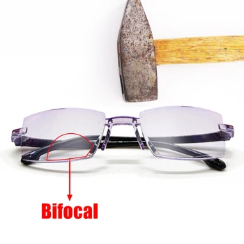 Erkekler kadınlar çerçevesiz okuma gözlüğü Bifokal uzak yakın Anti mavi ışık büyütme gözlük presbiyopik gözlük Diyoptri + 150 TR90