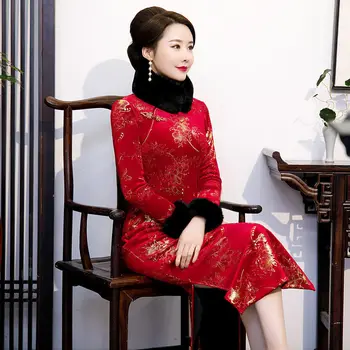Etnik Tarzı Geleneksel Kadın Cheongsam Kış Artı Kadife Kalınlaşmak İnce Kürk Yaka Vintage Qipao Kadın çin elbisesi 2022