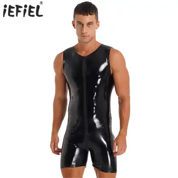 Eşcinsel Erkek Parlak PVC Patent Deri Bodysuit Kostümleri Kolsuz Fermuar Kasık Tulumlar Iç Çamaşırı Kutup Dans Bodysuits Clubwear