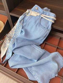 Geniş Bacak Pantolon Kadın Kot Yaz Yüksek Bel Hımbıl Mavi Püsküller Düz Bacak Kot Pantolon 2022 Rahat Yüksek Sokak Giysileri Bayan