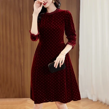 Gerçek İpek Kadife kadın Parti Elbiseler 2021 Kış Zarif Standı Yaka Uzun Kollu Vintage Elbise Baskı Kadın A-line Orta Elbise