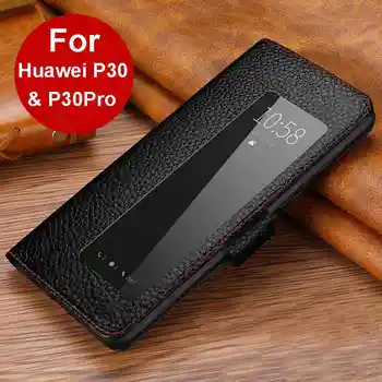 Hakiki Deri Kılıf İçin Huawei P30 Pro P30 Kapak Manyetik Etui Coque Huawei P30Pro Flip Case Fundas Pencere Görünümü Çapa