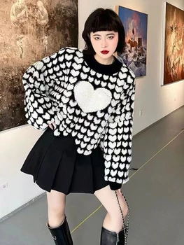 HOUZHOU Sonbahar Kış Kazak Kalp Gevşek Harajuku Düzensiz Örme Kazak Şık Streetwear Uzun Kollu Üst Y2k Kore Moda