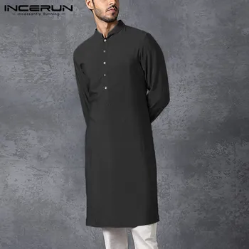 INCERUN Vintage Erkekler Müslüman Gömlek Düz Renk Uzun Kollu Düğme Casual İslam Arapça Gömlek Streetwear Camisa Standı Yaka Tops