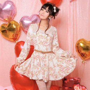 Japonya Liz Lisa Kış Dantel Hollow Out Çiçek Baskılı Örme Uzun Kollu Elbise