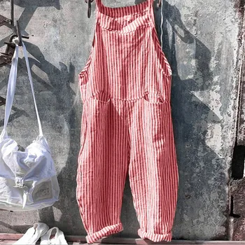 Kadın Rahat Çizgili Kolsuz Tulum Gevşek Uzun Askı Tulum Pantolon Cepler Yaz Moda Ekose Romper Streetwear