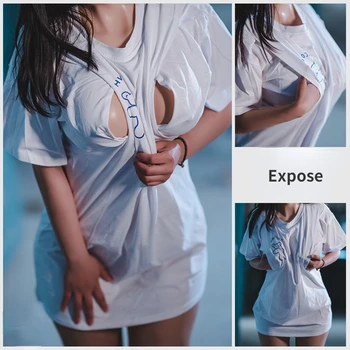 Kadın Seksi Açık Seks T-Shirt Göğüs Maruz Kostüm Açık Delik Gömlek Erotik Meme Çift Beyaz Tankları İlginç Fetiş BDSM
