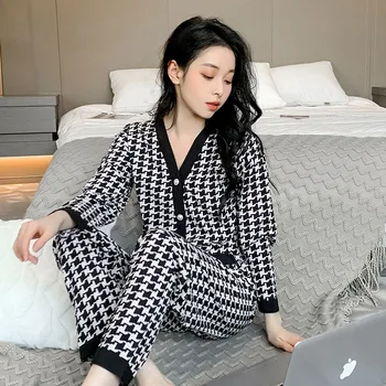 Kadınlar için ev Giysileri Ekose Pantolon Kadınlar için Pijama Pamuklu Pijama Takım Elbise Bahar Pijama Kadın V Yaka Düğmesi Salonu Seti