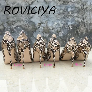 Kahverengi Yılan Baskı 12 cm Extreme Yüksek Topuk Sivri Burun Kadın Pompaları Sevgililer Stiletto Ayakkabı Parti Akşam YG027 ROVICIYA