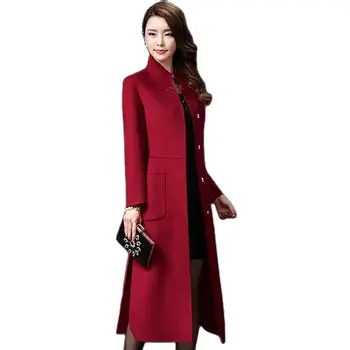 Kırmızı Şarap Siyah Kadın Yün Ceket Orta Uzunlukta Diz Üzerinde Kadın Karışımlı Yün Moda Sonbahar kış Rüzgarlık Giyim Astar