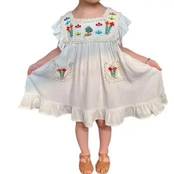 Kızlar yaz elbisesi İşlemeli Çiçek Uçan Kollu Yaz Yelek Tipi Kare Yaka Ruffles Elbise Kızlar günlük elbiseler 2022